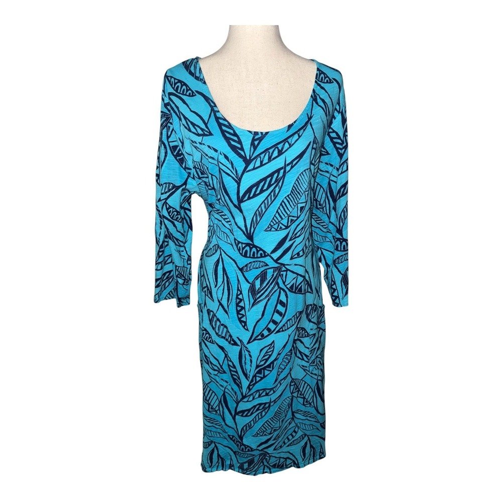 Fresh Produce Women's 2X‎ Blue Turquoise Leaf Print Dress Cotton 3/4 Sleeves